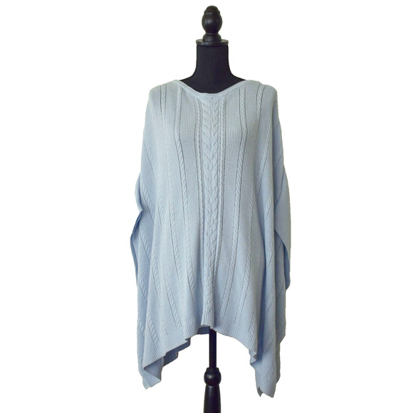 A5 Auth BROOKS BROTHERS Lt Blue Wool Blend Cable Knit Poncho Sweater ONE SIZE - Picture 3 of 5